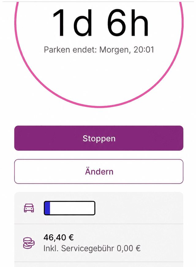 Parkgebühren Berlin auf offener Straße, bezahlt über eine App. Zu sehen ist der vorraussichtliche Gesamtbetrag von 46,40€ inkl. Servicegebühr von 0€